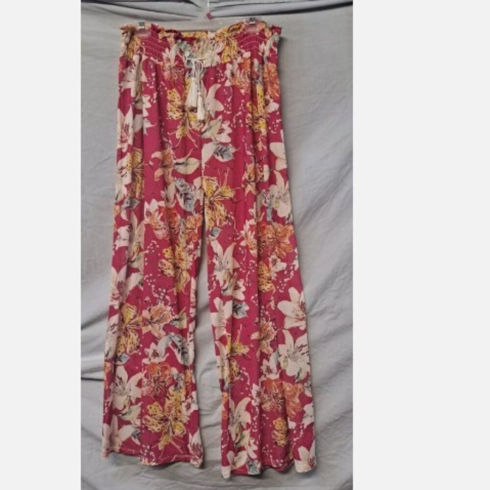 West Loop Women's Floral Pink Drawstring Palazzo Pants NWT